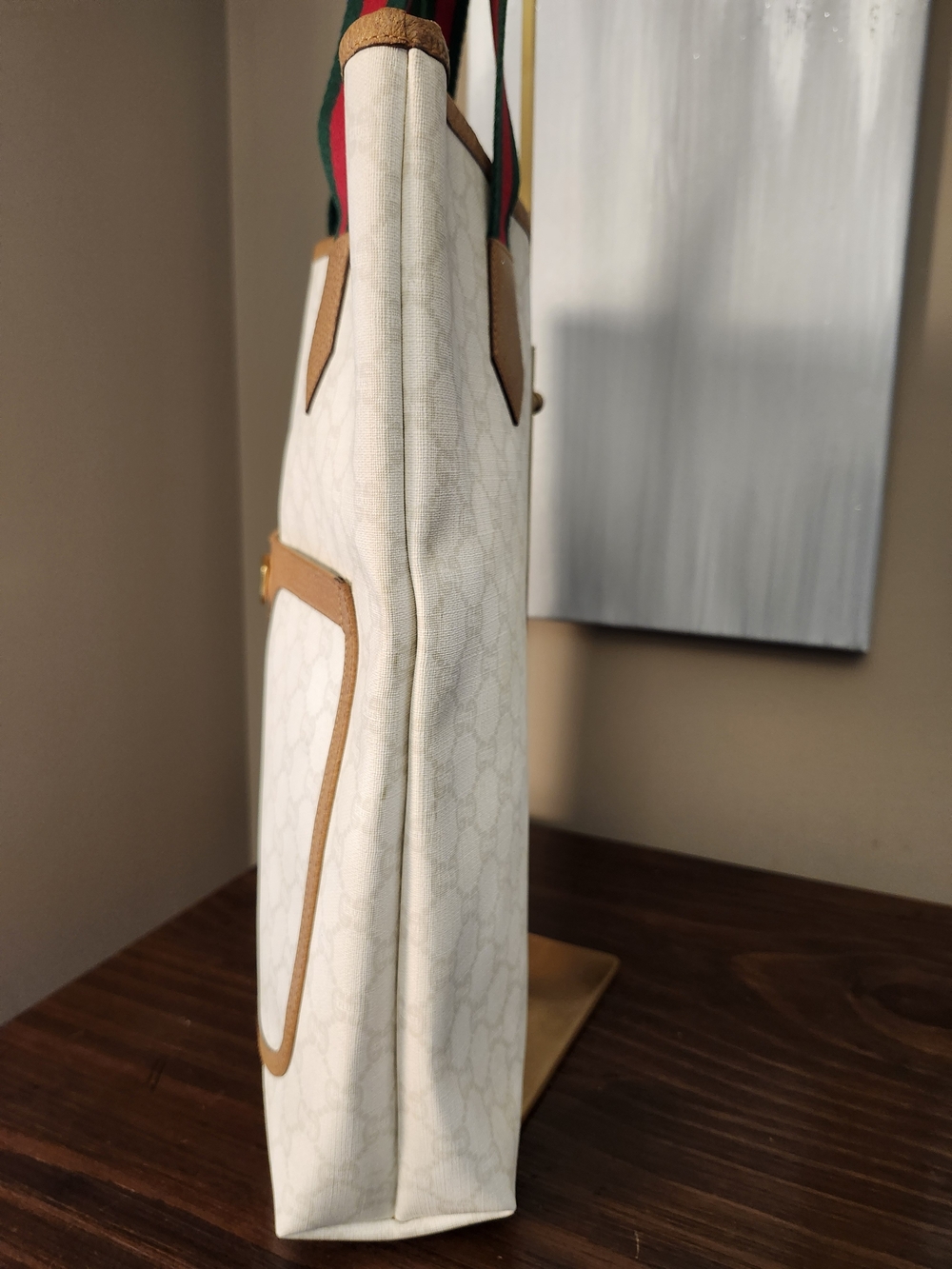 Gucci GG Plus White And Tan Sherry Line Supreme Tall Tote With Web Straps - Picture 6 of 16